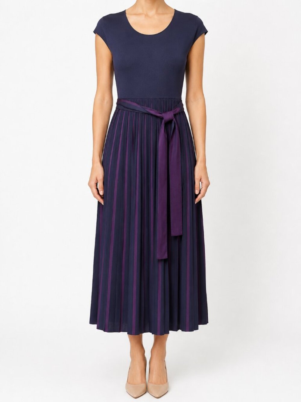 NWOT Ferragamo Navy Purple Pleated Belted Midi Dress IT 40 US 6